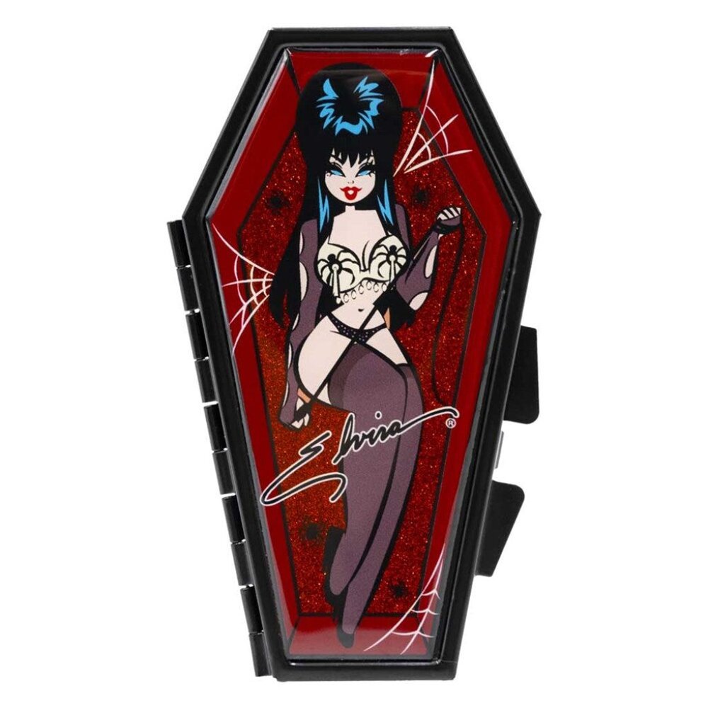 Elvira Spider Web Red Glitter Coffin Shape Standing Compact Makeup Mirror NEW